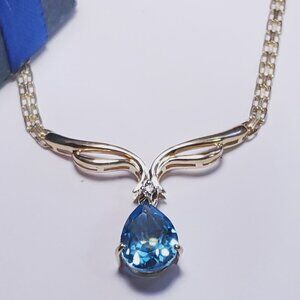 Estate 2ctw Natural Blue Topaz & Diam Scroll 16.5" Bismark 14Kt YG Necklace20654